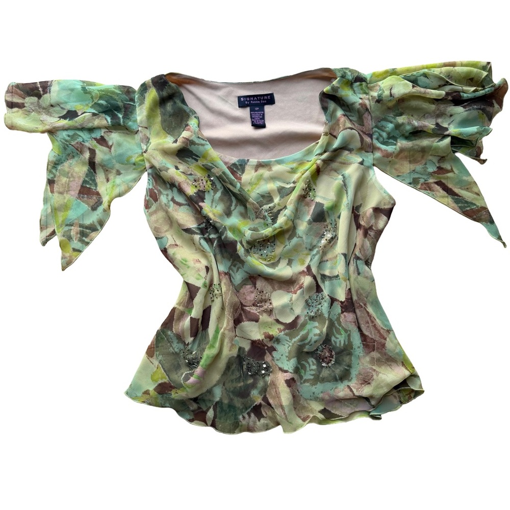 Vintage Robbie Bee Beaded Top Flutter Sleeve Cowl Neck Green Floral Boho Fairy